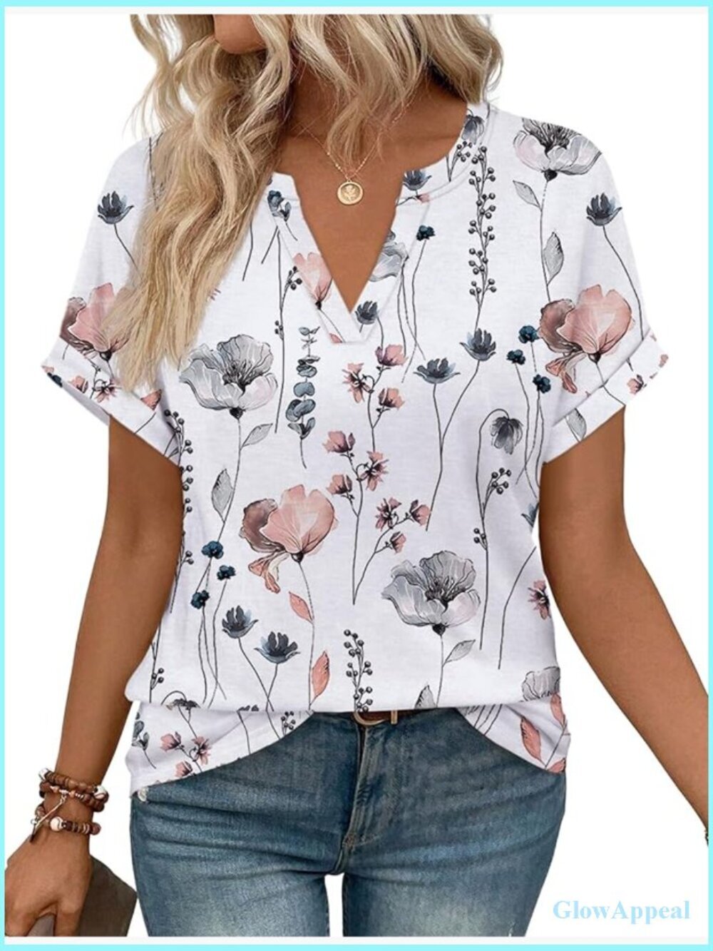 Short Sleeve V-Neck Blouse Tunic Top Loose Fit Floral